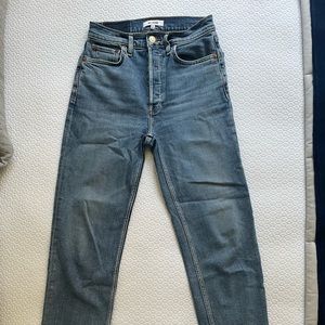 Re/Done brand jeans. Women’s size 26. Stovetop cut with raw hem and button fly.